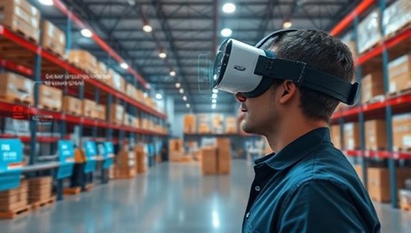 An immersive virtual reality scene showing a user wearing a VR headset and exploring a digitized warehouse environment with interactive features like inventory scanning and storage space customization, demonstrating the futuristic and engaging experience of VR Warehouse Explore.
