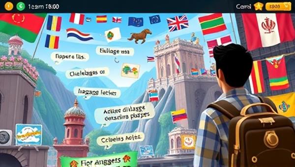 An immersive language learning game scene featuring a player exploring a virtual world filled with language puzzles, interactive dialogues, and vocabulary challenges, with colorful language flags and learning tools in the background, promoting a dynamic and engaging language learning experience.