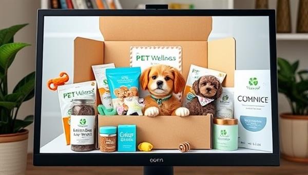 An adorable pet wellness box arrangement displayed on a computer screen, featuring a selection of natural treats, toys, grooming essentials, and wellness products designed for furry friends, creating a delightful and engaging experience for pet owners and their beloved companions in a virtual subscription service setting.