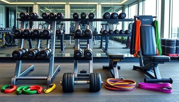 An array of personalized fitness equipment, including customized dumbbells, weight benches, and resistance bands, displayed in a sleek and modern gym setting, reflecting the individualized approach to fitness training.