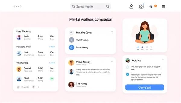 An AI-powered mental wellness companion interface displaying mood tracking features, relaxation exercises, and virtual therapy options, creating a calming and supportive environment for users seeking mental health support and self-care.