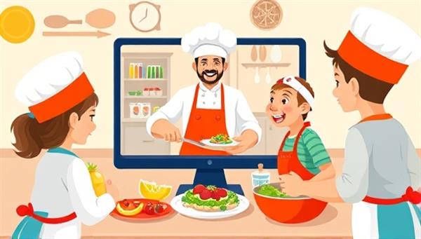 A colorful and playful visual of a virtual cooking class session with children wearing chef hats and aprons, interacting with a chef instructor on a computer screen while preparing fun and nutritious dishes, capturing the joy and learning experience of ChefKids Connect