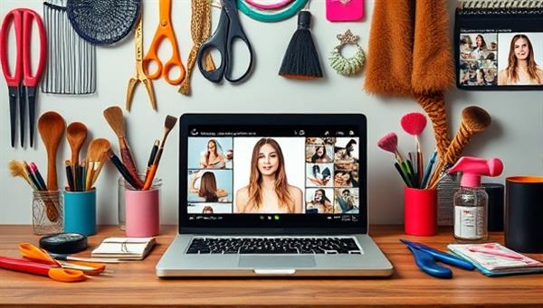 An appealing virtual hairstyling workshop setup with a backdrop of colorful hair accessories, styling tools, and a laptop displaying a live tutorial session, creating a vibrant and educational atmosphere for participants.