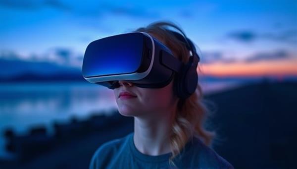 An individual wearing a VR headset immersed in a tranquil virtual environment with calming visuals, soothing sounds, and mindfulness prompts, creating a serene and therapeutic experience for stress relief and relaxation.