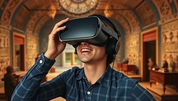 An evocative visual of a user wearing a VR headset, exploring an ancient civilization through a virtual reality history tour, surrounded by historical artifacts and interactive elements, conveying the immersive and educational nature of HistoryScope.
