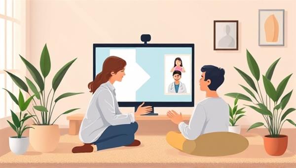 A compassionate visual representation of a virtual therapy session, with a therapist providing support and guidance to a client through a video call, surrounded by calming elements like soft lighting, plants, and relaxation aids, conveying empathy and healing.