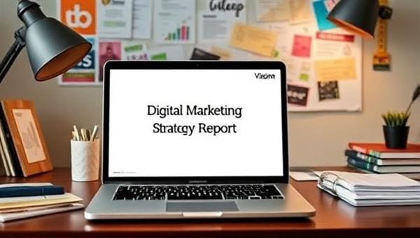An office desk setup with a laptop displaying a comprehensive digital marketing strategy report, surrounded by creative marketing materials and a vision board, symbolizing the dynamic and strategic approach to digital marketing consulting.