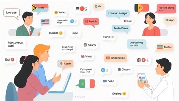 An inclusive visual representation of a virtual language exchange session with diverse participants conversing in different languages, sharing cultural insights, and using digital language tools for translation and pronunciation practice, fostering a welcoming and interactive language learning environment for users worldwide.