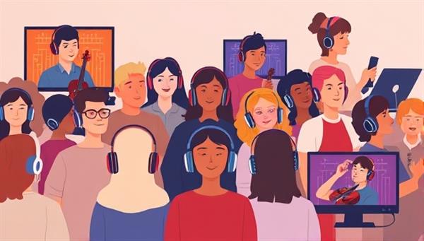 An illustration of a diverse group of people in different locations, all wearing headphones and enjoying a virtual music concert together on various screens, showcasing the global and inclusive nature of VirtuTune Concerts.