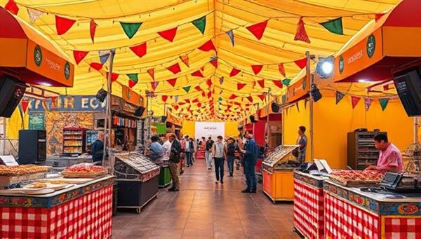 A lively virtual food and music festival atmosphere with colorful food stalls, live cooking demos, and musicians performing on virtual stages, creating a vibrant and engaging experience that celebrates the fusion of flavors and melodies in an online festival setting.