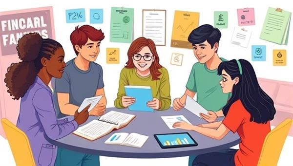 A vibrant and inclusive illustration of a diverse group of teenagers engaged in a financial workshop with a coach, surrounded by colorful financial education materials and interactive tools, representing empowerment and knowledge-sharing in youth finance.