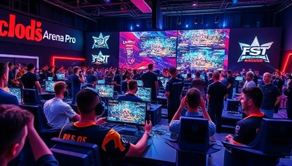 An energetic and competitive gaming atmosphere with players immersed in intense matches on screen, cheered by a virtual audience, and surrounded by branding elements of eSports Arena Pro, creating a vibrant and engaging esports experience.