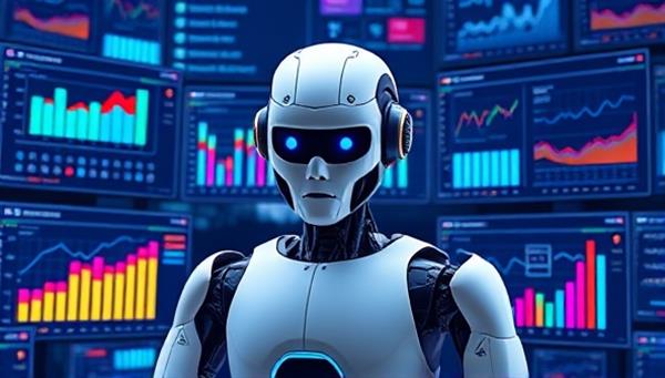 An AI-powered robot analyzing social media ad data on multiple screens, surrounded by colorful charts and graphs, symbolizing advanced technology and data-driven decision-making.