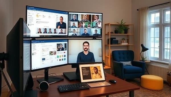 A virtual workspace setup with multiple screens displaying productivity tools, a virtual team meeting in progress, and a cozy home office environment, illustrating the efficiency and collaboration potential of remote work with the right strategies in place.