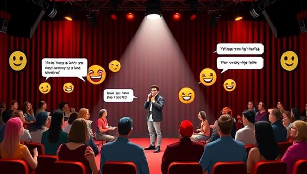 A virtual comedy club stage with a spotlight on a comedian delivering jokes, a diverse audience reacting with laughter emojis, a virtual bar serving digital drinks, and a chat feature for audience interactions, creating a lively and engaging comedy atmosphere.