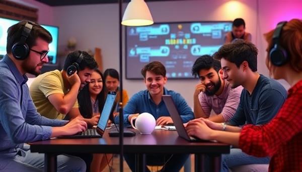 An inspiring image of a diverse group of aspiring game developers participating in a virtual workshop, collaborating on game design projects and exchanging ideas through online platforms, highlighting the interactive and educational nature of the virtual game development bootcamp.