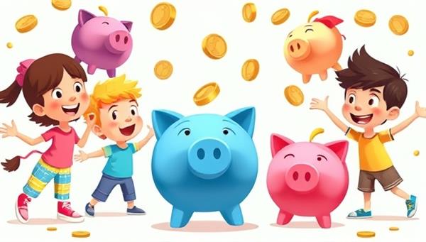 An animated scene of colorful piggy banks and coins floating around a cheerful group of children, showcasing the fun and educational aspects of MoneyMinds Junior.