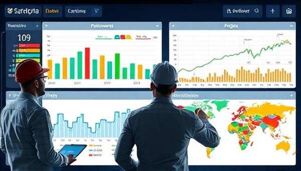 A digital dashboard displaying construction project performance metrics, budget tracking charts, resource utilization graphs, and risk assessment heatmaps, with project managers analyzing real-time data and making informed decisions, highlighting the power of data analytics in construction management.