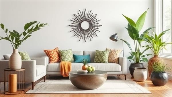 A chic living room display featuring a collection of recycled plastic home decor items, including a decorative vase, wall art piece, and planters, set against a backdrop of lush greenery and natural light, illustrating the fusion of sustainability and style in eco-friendly home decor.