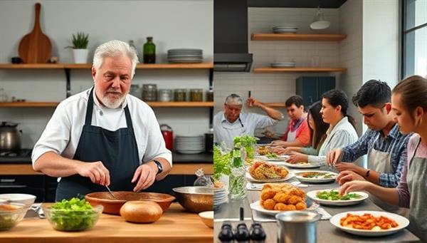 A split-screen image showcasing a chef conducting a live cooking class on one side and participants actively cooking and interacting on the other side, illustrating the dynamic and engaging nature of the online classes.