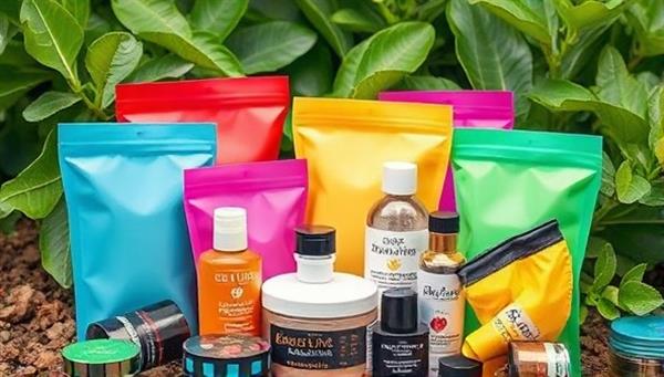 An artistic representation of beauty product refill pouches in vibrant, nature-inspired colors arranged in a sustainable, eco-friendly setting, showcasing the concept of beauty sustainability and eco-refill options.
