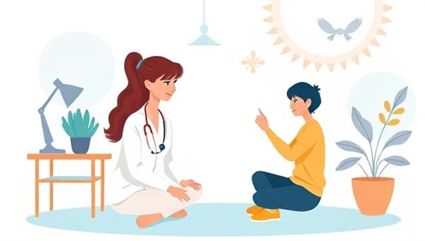An uplifting digital illustration showing an occupational therapist conducting a virtual therapy session with a client, demonstrating adaptive exercises and assistive technology solutions, with symbols representing independence and empowerment in the background.