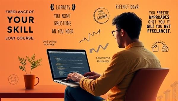 An inspiring digital artwork showcasing a freelancer upgrading their skills through an online course on a laptop, surrounded by motivational quotes and career growth symbols, illustrating the transformative impact of SkillElevate Pro on freelancers