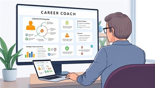 A dynamic digital illustration of a career coach providing virtual guidance to a client on career planning and goal setting, with interactive career maps, skill-building exercises, and professional networking tools displayed on-screen, creating a motivational and empowering coaching experience.