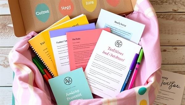 A beautifully designed subscription box overflowing with colorful writing prompts, notebooks, pens, and a personalized letter, evoking a sense of creativity and excitement for the writing journey ahead.