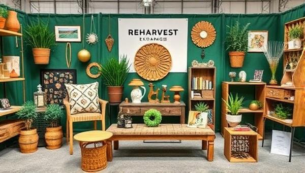 An artistic display of upcycled products crafted from agricultural waste, showcasing a variety of beautifully designed items such as furniture, décor, and accessories, emphasizing the creativity and sustainability of ReHarvest Exchange