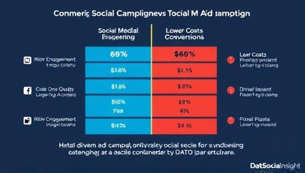 An infographic displaying a comparison between a generic social media ad campaign and one optimized by DataSociaInsight, featuring higher engagement rates, lower costs, and increased conversions, illustrating the impact of data-driven ad consultancy on marketing effectiveness.