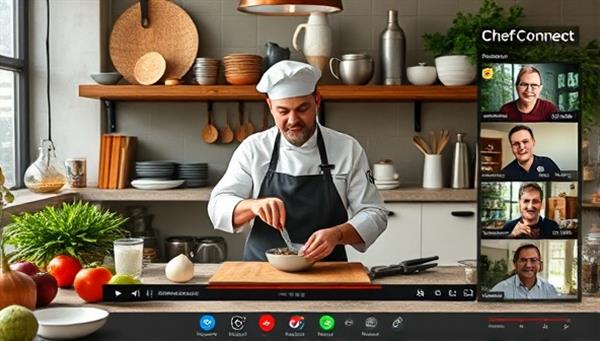 An online cooking class setting with a chef demonstrating a recipe in a live video session, surrounded by ingredients and kitchen tools, engaging with virtual participants and fostering a sense of culinary community at ChefConnect Online.