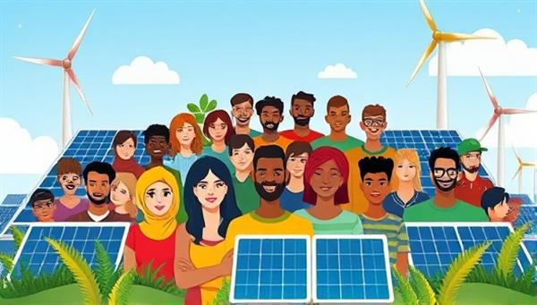 A vibrant digital illustration showcasing a diverse group of individuals surrounded by solar panels and wind turbines, symbolizing clean energy adoption and sustainability.