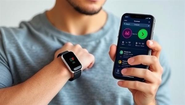 An individual wearing a sleek wearable health monitor that seamlessly integrates with a smartphone app, displaying real-time health data and personalized health recommendations, illustrating the convenience and advanced technology of the product.