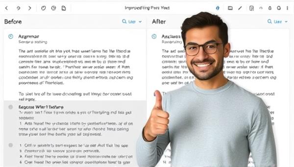 An AI-powered editing interface displaying a before-and-after comparison of a text, highlighting the improvements in grammar, structure, and readability, alongside a satisfied user giving a thumbs-up gesture, indicating approval and satisfaction.