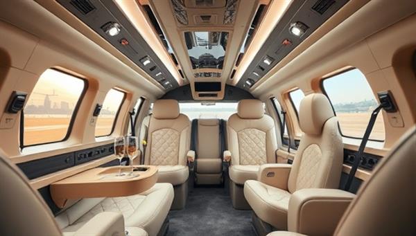 An image of a luxurious airport shuttle interior with plush seating, champagne glasses, and personalized concierge services, catering to upscale travelers seeking comfort and sophistication in their airport transfers, evoking a sense of exclusivity and premium service offered by SkyLux Shuttle.