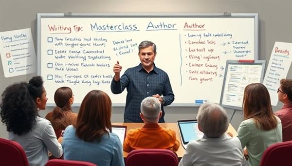 An artistic depiction of a virtual masterclass session, featuring a renowned author sharing writing tips and insights with a diverse group of participants, surrounded by digital whiteboards, interactive exercises, and collaborative discussions, fostering a dynamic and educational environment for writers seeking mentorship and skill enhancement.