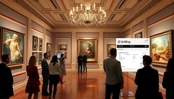 An elegant and sophisticated virtual art gallery setting with digital displays of exquisite artworks, virtual attendees admiring the pieces, and a bidding interface showcasing real-time auction activity, creating a luxurious and immersive art auction experience.