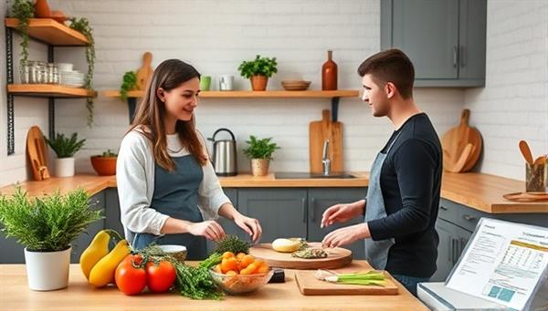 An inviting virtual kitchen setting with a nutritionist guiding a client through a healthy meal preparation session, surrounded by fresh ingredients, recipe cards, and digital nutritional charts, conveying a balance of expertise and practicality in nutrition coaching.