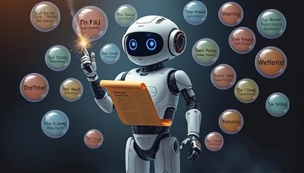 An AI-powered robot holding a magic wand and a scroll of writing prompts, surrounded by floating bubbles with diverse literary themes and genres, symbolizing the creativity and inspiration generated by PromptPal for writers and storytellers.