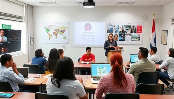 A virtual classroom setting with a diverse group of students and a language tutor engaging in a lively language lesson, with interactive tools and visual aids enhancing the learning experience, demonstrating accessibility and cultural exchange.