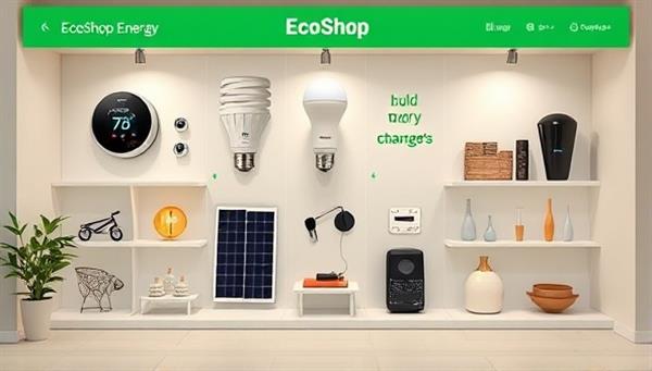 An aesthetically pleasing digital storefront layout featuring a variety of energy-efficient products like smart thermostats, LED bulbs, solar chargers, and eco-friendly home accessories, creating a visually appealing and eco-conscious shopping experience on EcoShop Energy.