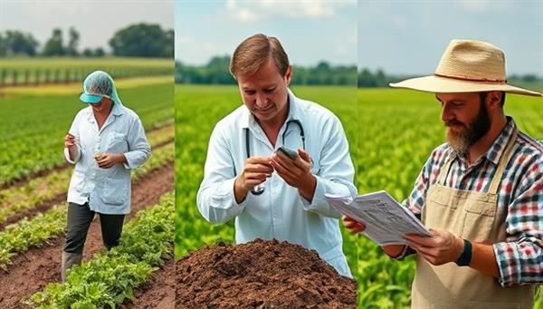 An image of a soil scientist collecting samples from different fields, a lab technician analyzing soil samples under a microscope, and a farmer receiving a detailed soil health report, illustrating the process of soil testing and analysis for agricultural improvement.