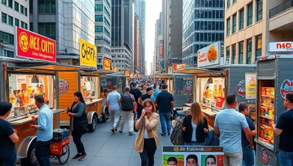 A vibrant scene with multiple food trucks lined up in a bustling city street, showcasing colorful menus and people sampling various dishes, creating a dynamic and diverse food experience.