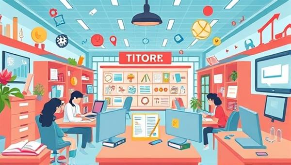 An engaging visual representation of a virtual marketplace where students and tutors connect in a digital space filled with subject-related symbols and interactive learning tools, symbolizing the specialized and personalized tutoring experience offered by ExpertConnect.