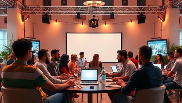 An engaging virtual event setup with a diverse group of avatars interacting in a digital environment, showcasing the dynamic and interactive nature of online gatherings.