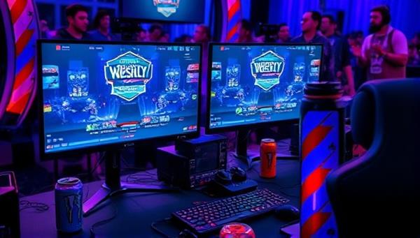An intense gaming setup with dual monitors showing a live gaming tournament stream, surrounded by gaming peripherals, energy drinks, and a cheering crowd in the background, capturing the excitement of competitive gaming.