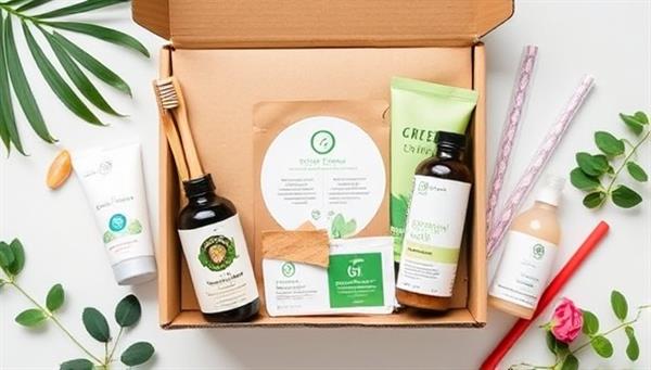 An aesthetically pleasing flat lay of a Green Essentials Box filled with eco-friendly products like bamboo toothbrushes, natural skincare items, and reusable straws, emphasizing the sustainability and convenience of the subscription service.