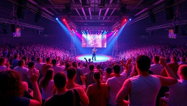 An immersive virtual concert venue filled with virtual avatars of excited fans, a stage with a spotlight on a performing artist, and colorful lighting effects, capturing the energy and atmosphere of a live music event in a digital setting.