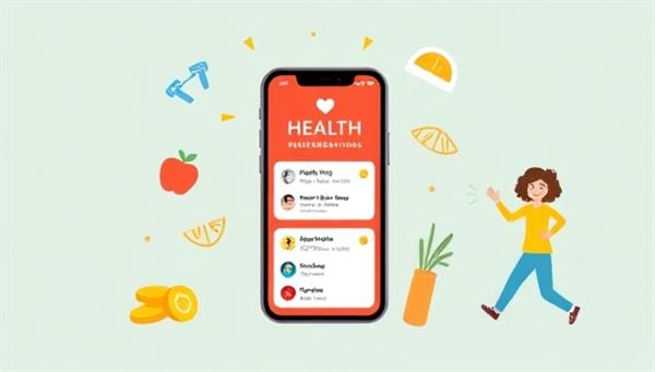 An engaging graphic showing a smartphone with a health app displaying personalized health recommendations, surrounded by icons of healthy food, exercise equipment, and a happy individual, conveying the benefits of the service.